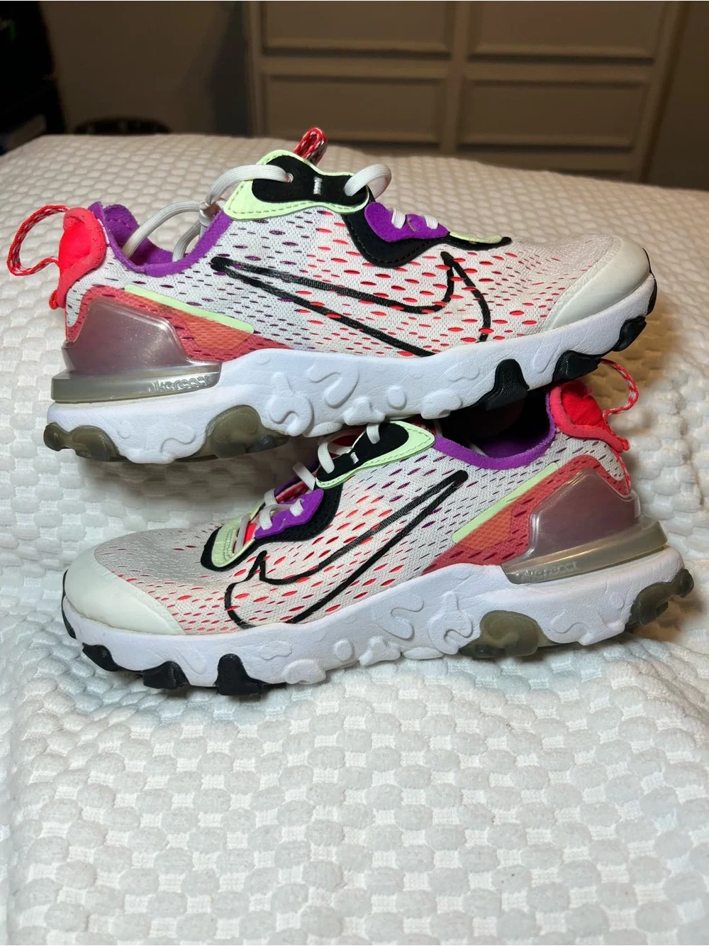 Nike Kids White Sneakers with Neon Pink, Purple & Lime Accents